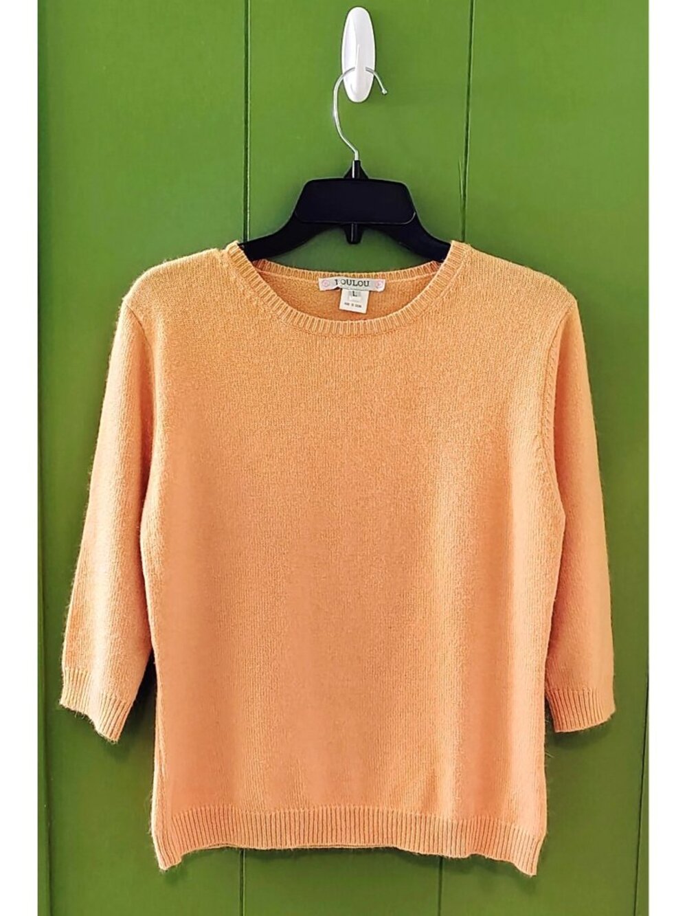 Loulou Peach Orange Sweater Jr L Large Wool Angora Cashmere 3/4 Sleeve Stretch